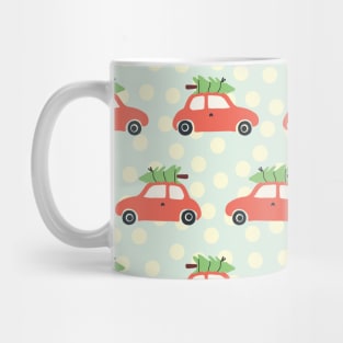 Vintage Christmas trees on car roof blue Mug